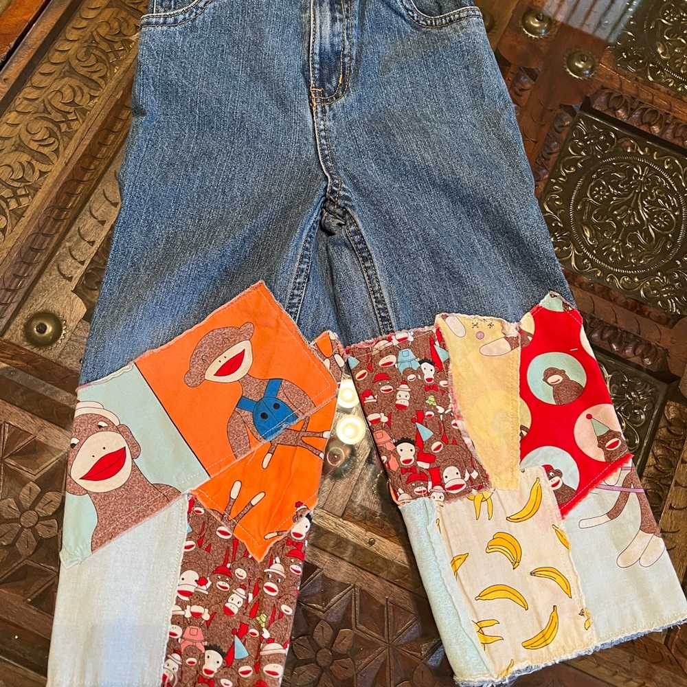 Y2K George Kids custom Patchwork Jeans with  Multicolor SOCK MONKEY Design 3T